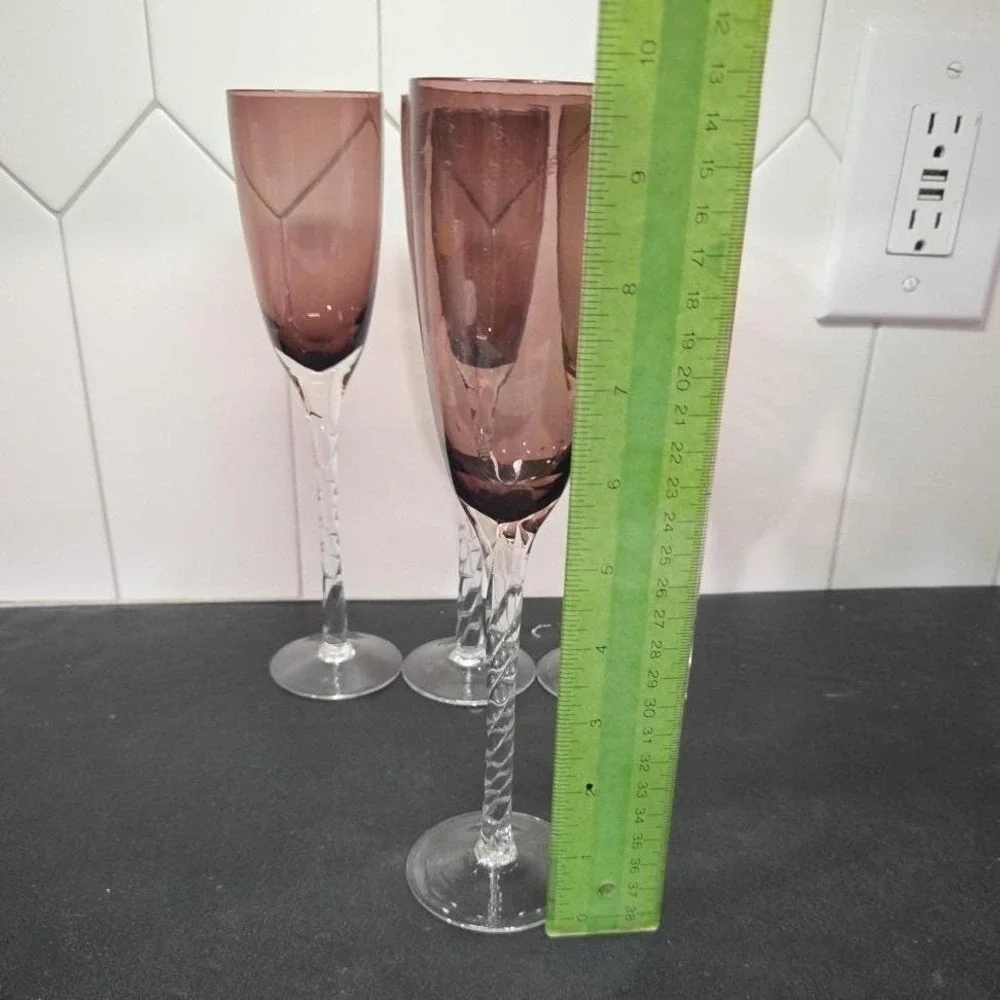 Pier 1 Amethyst Purple Champagne Flutes, Set of 4, Vintage Twisted Stem Stemware